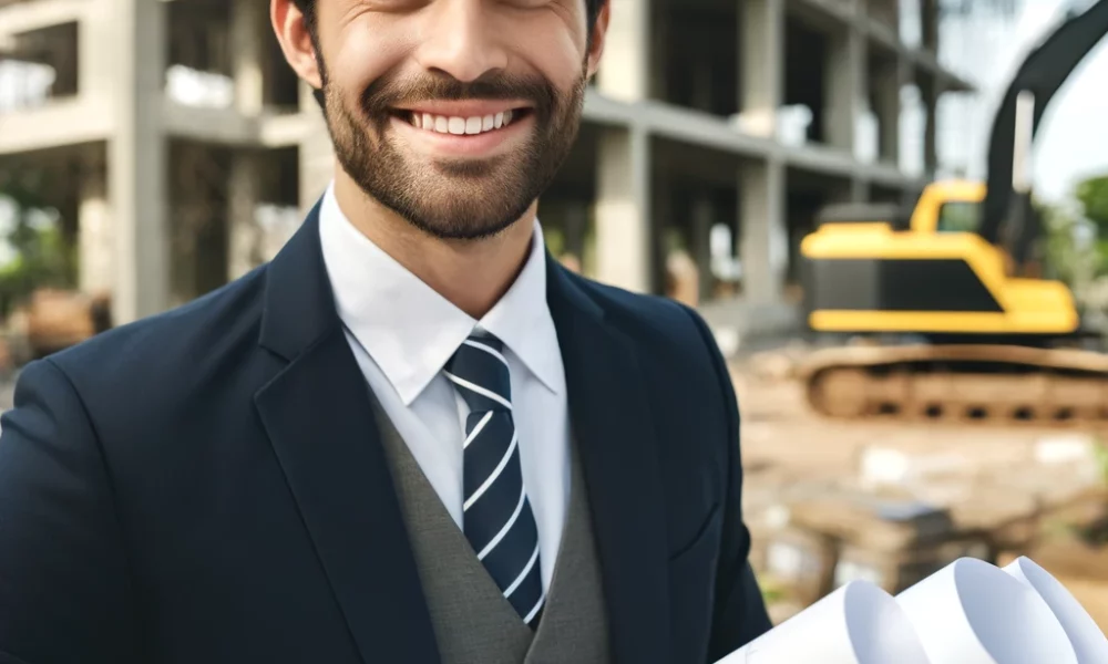 A cheerful male engineer in a yellow hardhat, holding architectural blueprints, stands confidently at a construction site